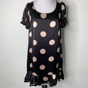 Betsey Johnson Women's Black Pink Short Sleeve Ruffle Polka Dot Mini Dress Sz 6